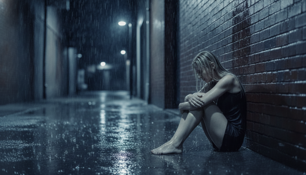 cena da mulher na chuva 