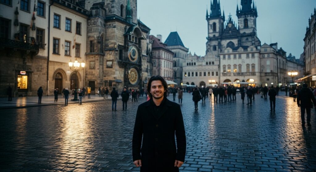 [IMAGEM — Screenshot do videoclipe: cena final, homem de costas na praça, câmera recuando]