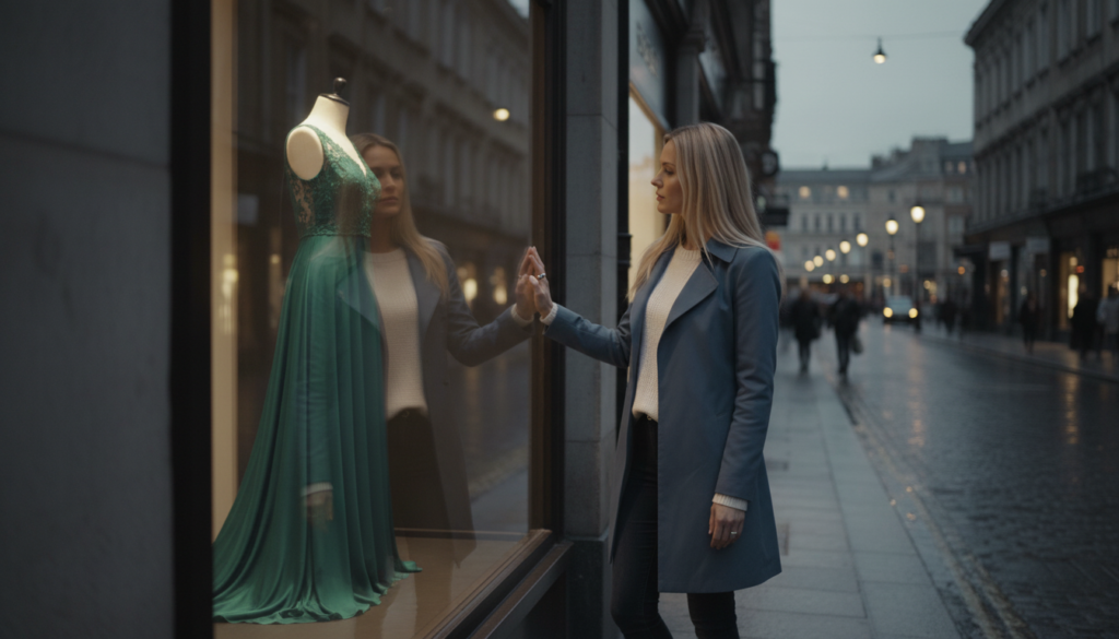 cena da vitrine com o vestido