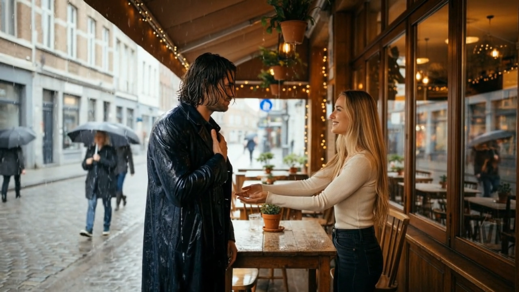 [IMAGEM — Screenshot do videoclipe: cena da chuva, primeiro encontro na varanda do café]