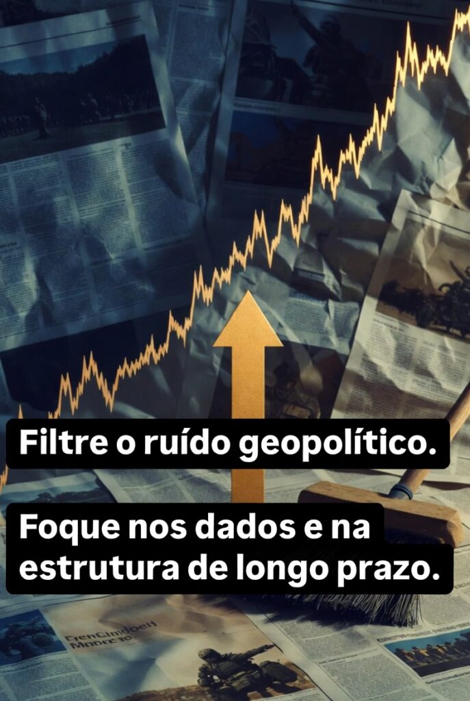 Gráfico ascendente dourado com notícias de guerra sendo varridas