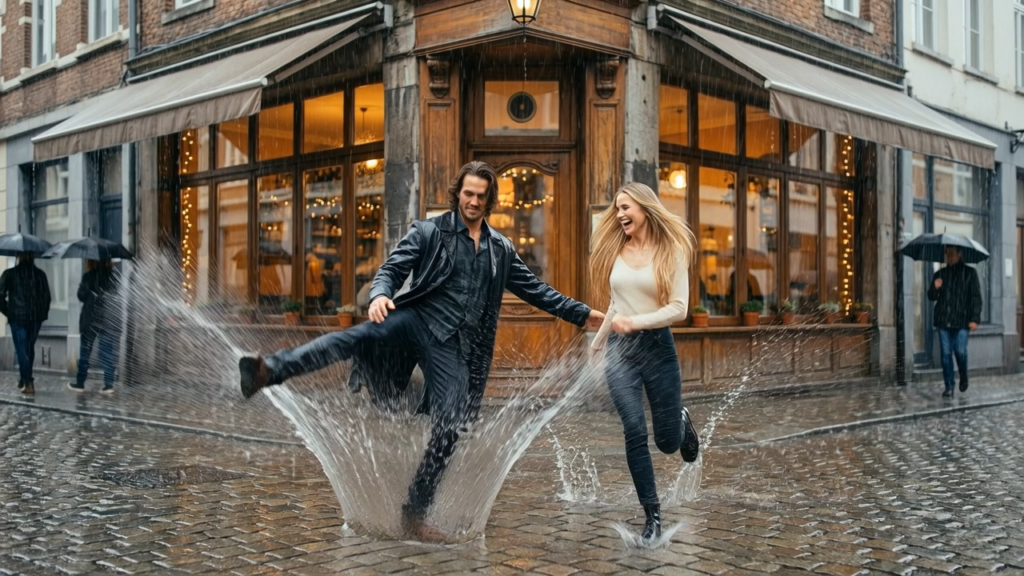 [IMAGEM — Screenshot do videoclipe: casal correndo na chuva, espirrando água nas poças]